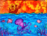 an octopus and a ship in the ocean