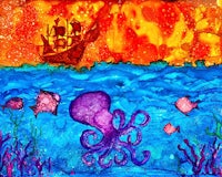 a painting of an octopus and a ship in the ocean