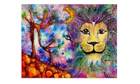 a colorful painting of a lion and a tree