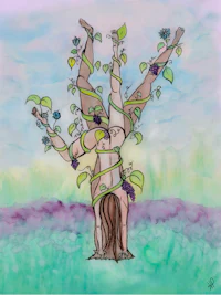 a painting of a woman standing on a tree