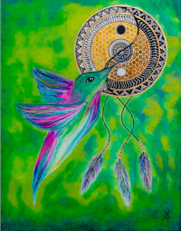 a painting of a hummingbird with feathers and a dream catcher