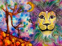 a painting of a lion and a tree