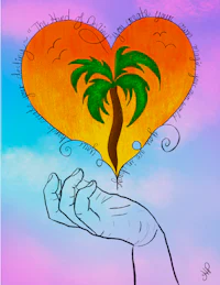 a hand holding a palm tree in the shape of a heart