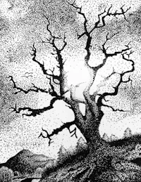 a black and white drawing of a tree on a hill