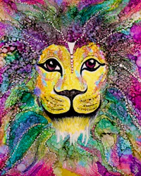 a watercolor painting of a lion with colorful flowers