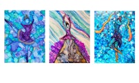 three paintings of ballerinas in purple and blue colors