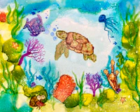 a watercolor painting of a turtle in the ocean