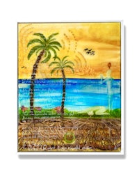 a painting with palm trees and a sunset