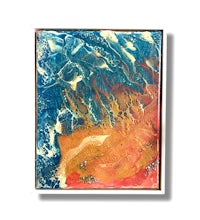 an abstract painting with blue, orange and red colors