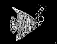 a black and white drawing of a fish with bubbles