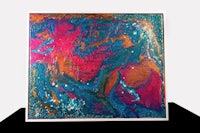 an abstract painting with red, blue, and pink colors