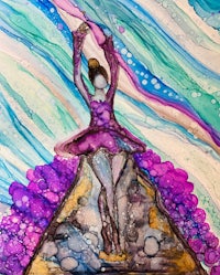 a watercolor painting of a ballerina on top of a mountain