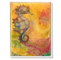 a painting of a seahorse on a yellow background