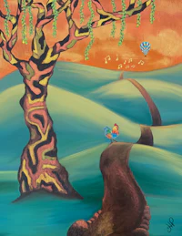 a painting of a tree and a path