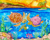 a watercolor painting of two turtles swimming in the ocean