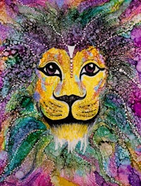 a colorful painting of a lion's head