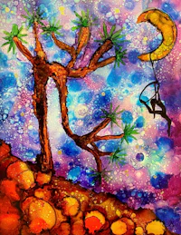a painting of a tree with a person hanging from it